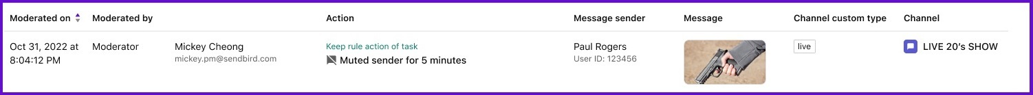 Sendbird content moderation log dashboard showing the record of a moderation occurrence