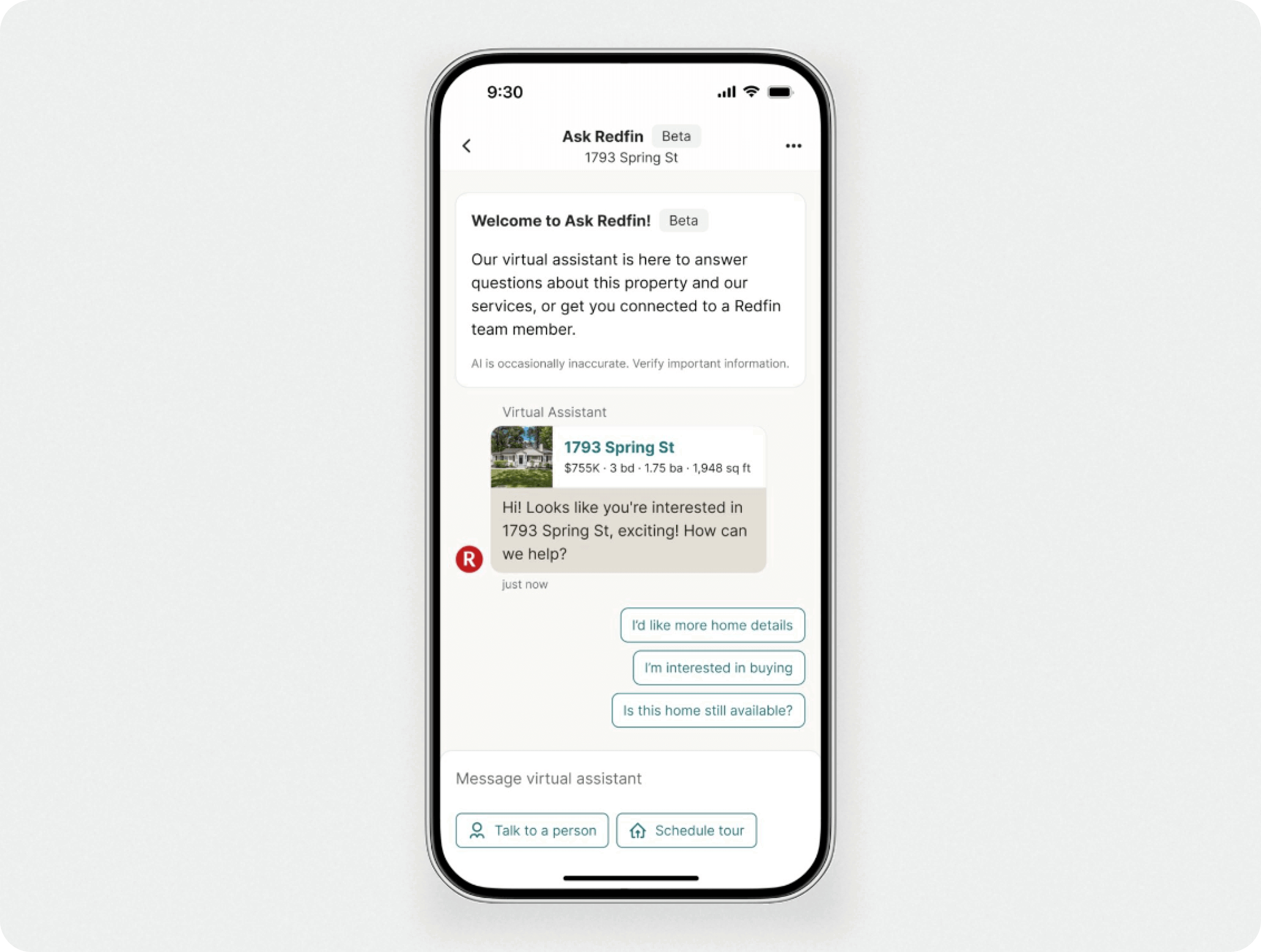 Redfin AI virtual assistant chatbot for real estate