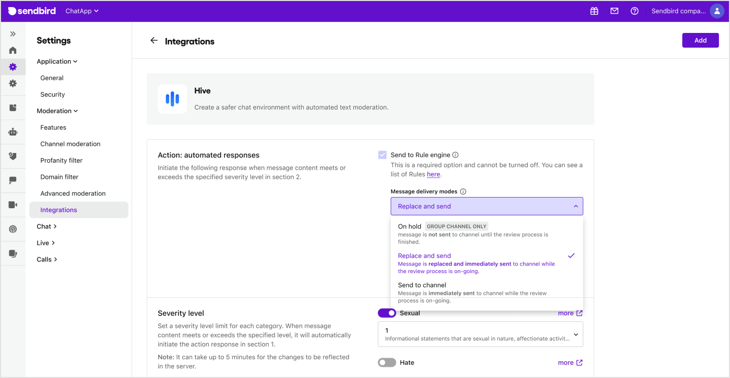 Hive AI moderation Sendbird Integration