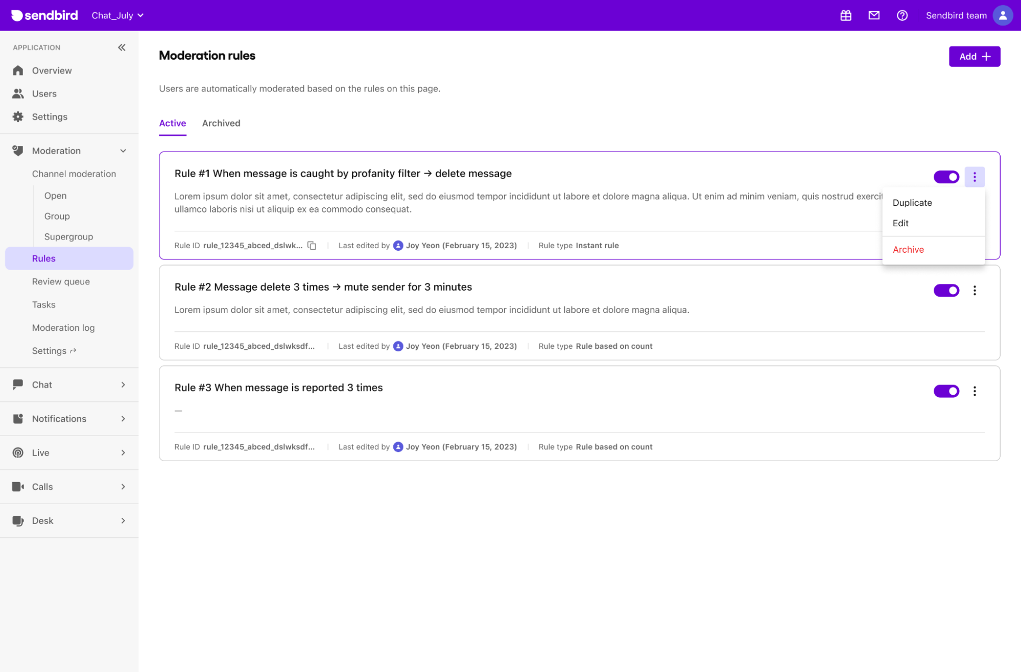 Moderation rules dashboard