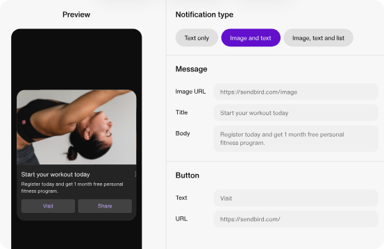 An image depicting Sendbird’s message notification builder and preview
