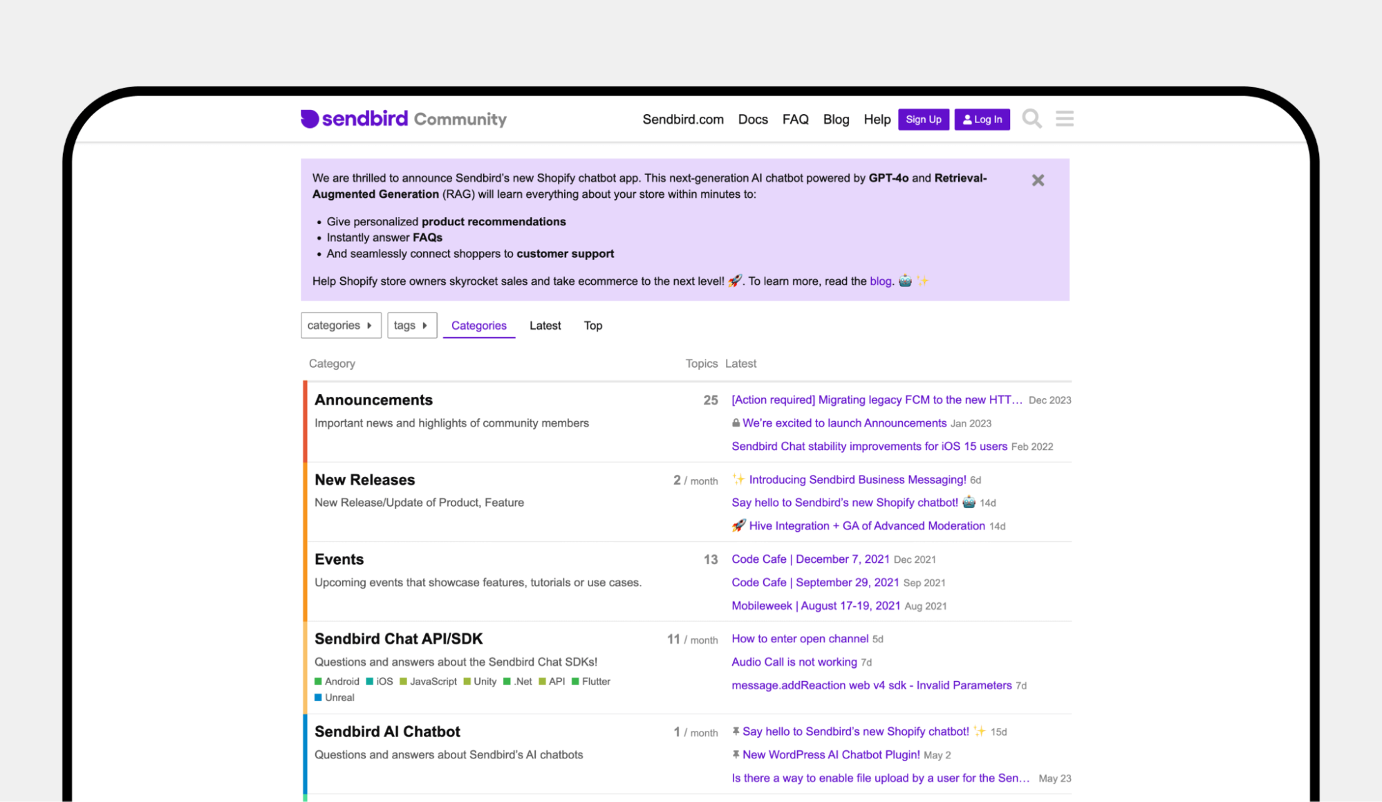A screenshot of the Sendbird Community forums