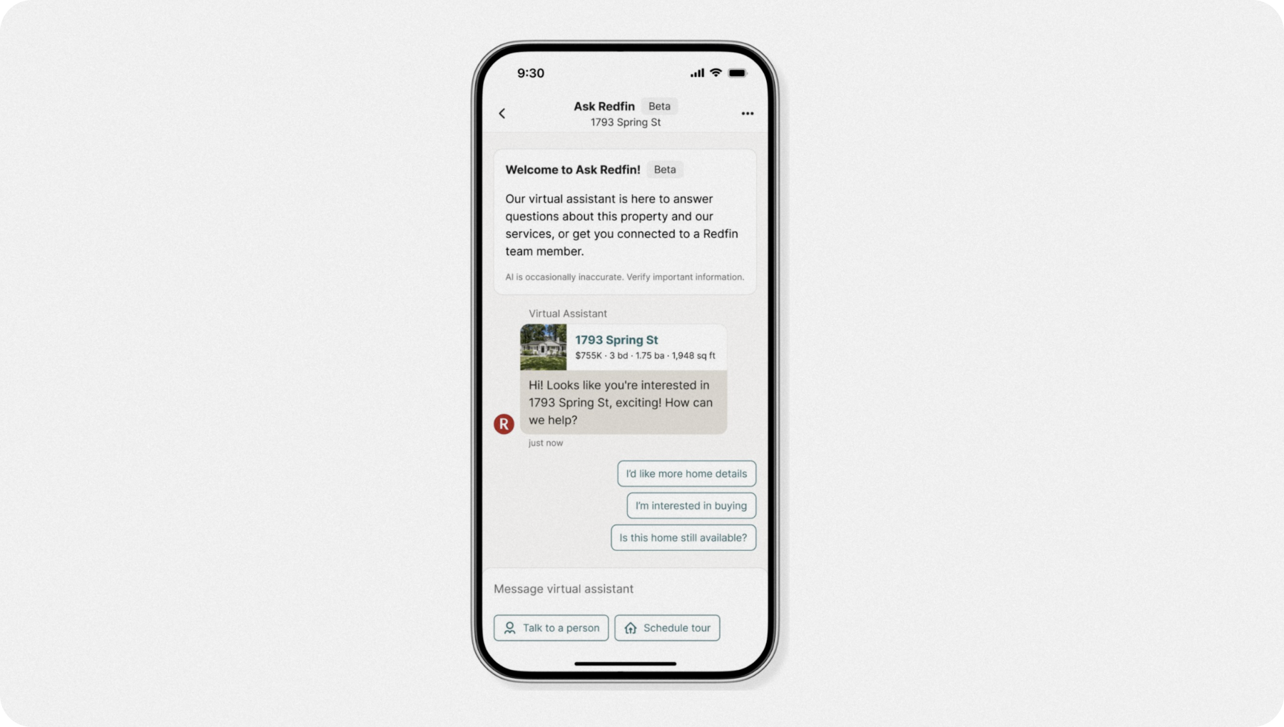 A screenshot of a mobile screen showing Redfin's AI chatbot