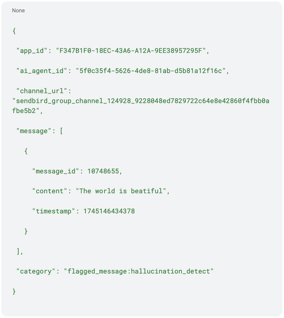 Example webhook payload showing hallucination message metadata for Sendbird’s safeguards API support capability