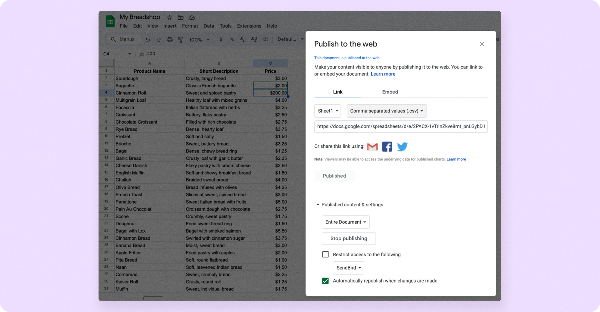 Changing Google Sheets to automatically publish changes in real-time