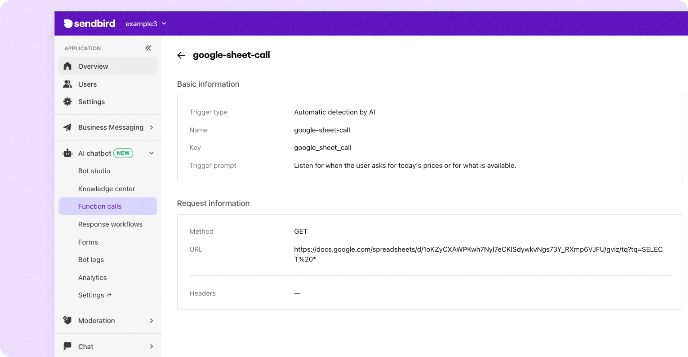 Modifying the URL in Function calls section the Sendbird Bot Studio