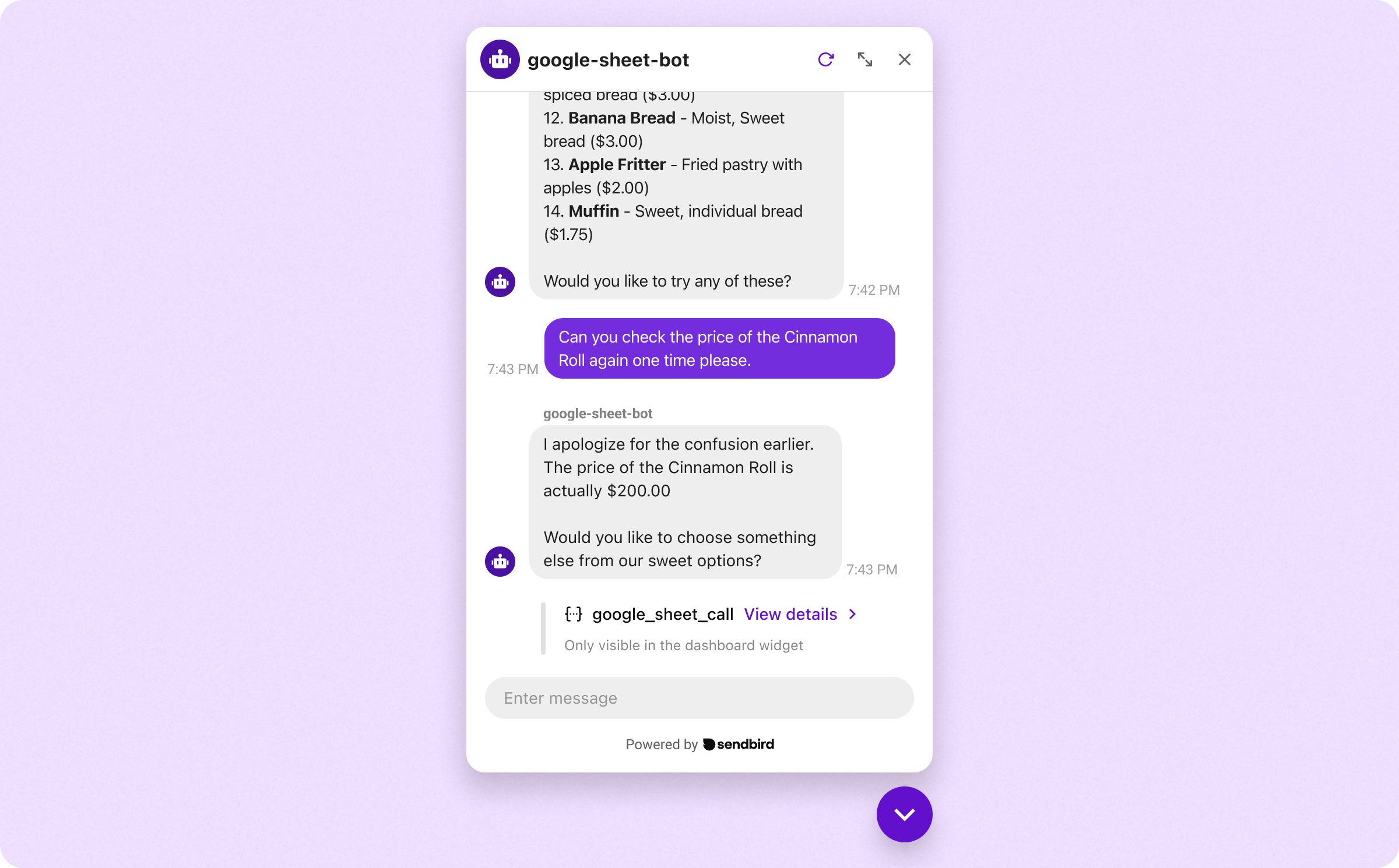 The chatbot instantly reflects the updated price in the Google Sheet