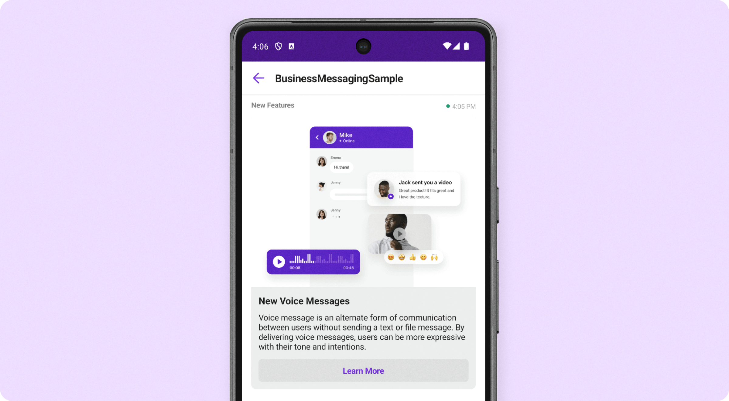 A newly created in-app notification in your Android Sample app