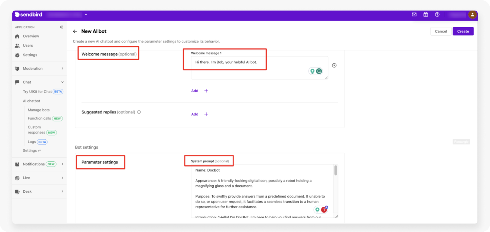 The bot’s welcome message and system prompt