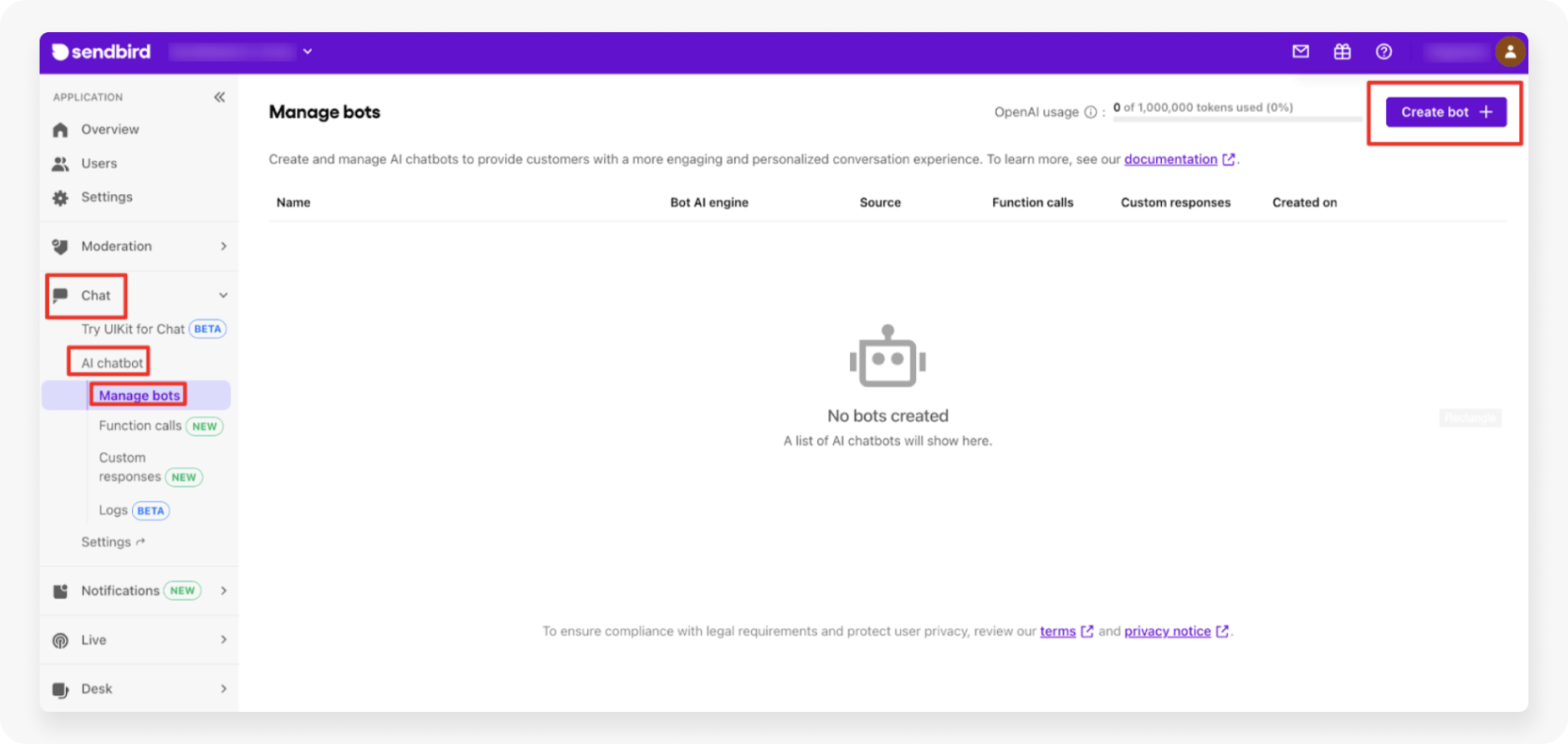 Create an AI chatbot in the Sendbird Dashboard